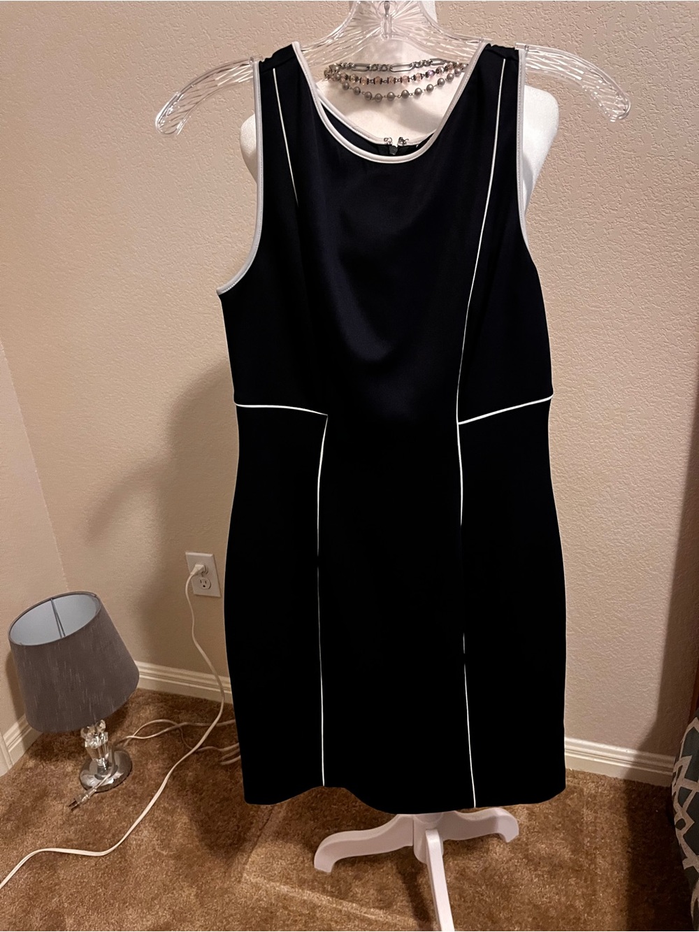 Sharagano Black Midi Dress with White Piping